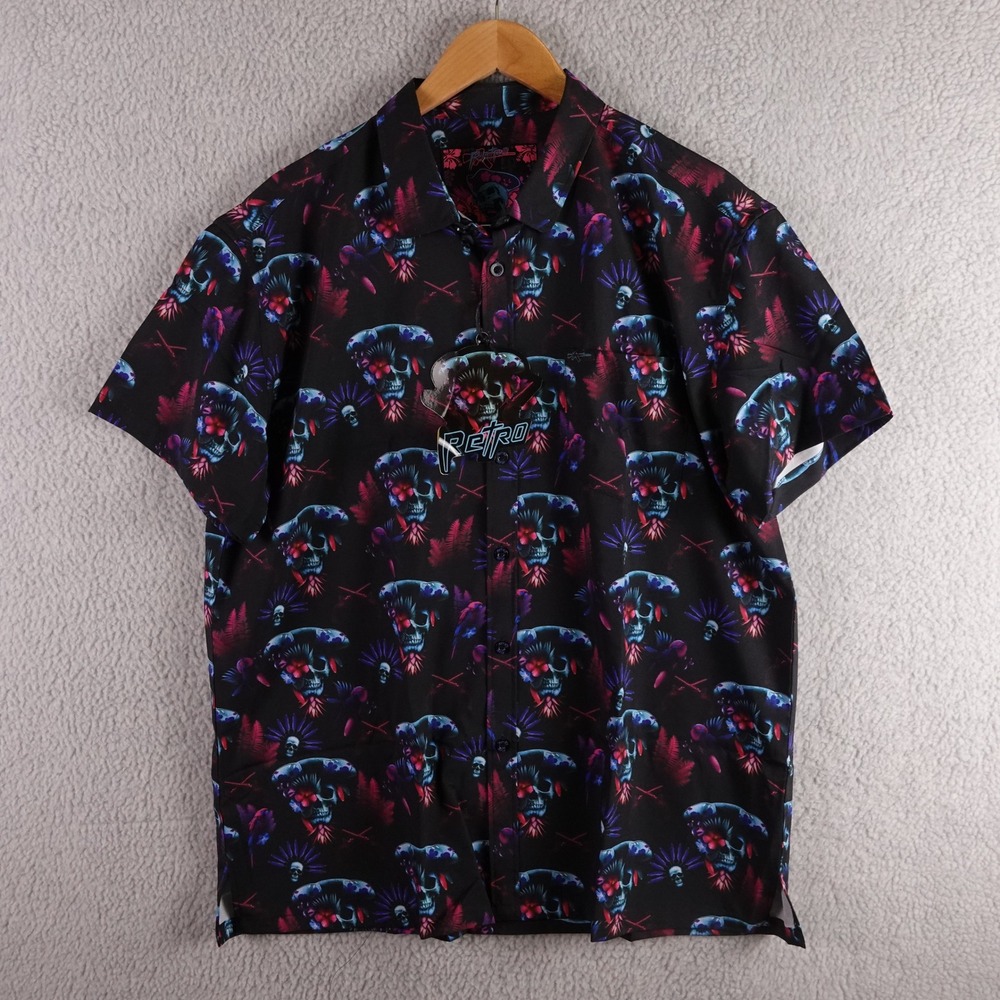 Retro Rifle Blackbeard Mens 2XL Skull Floral Pirate Stretch Button‎ Down Shirt